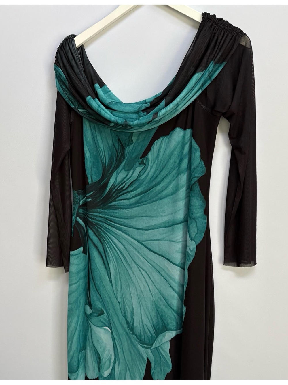 NWT Anthropologie AFRM Long-Sleeve Off-The-Shoulder Teal Flower Mesh Maxi Dress - Picture 10 of 12